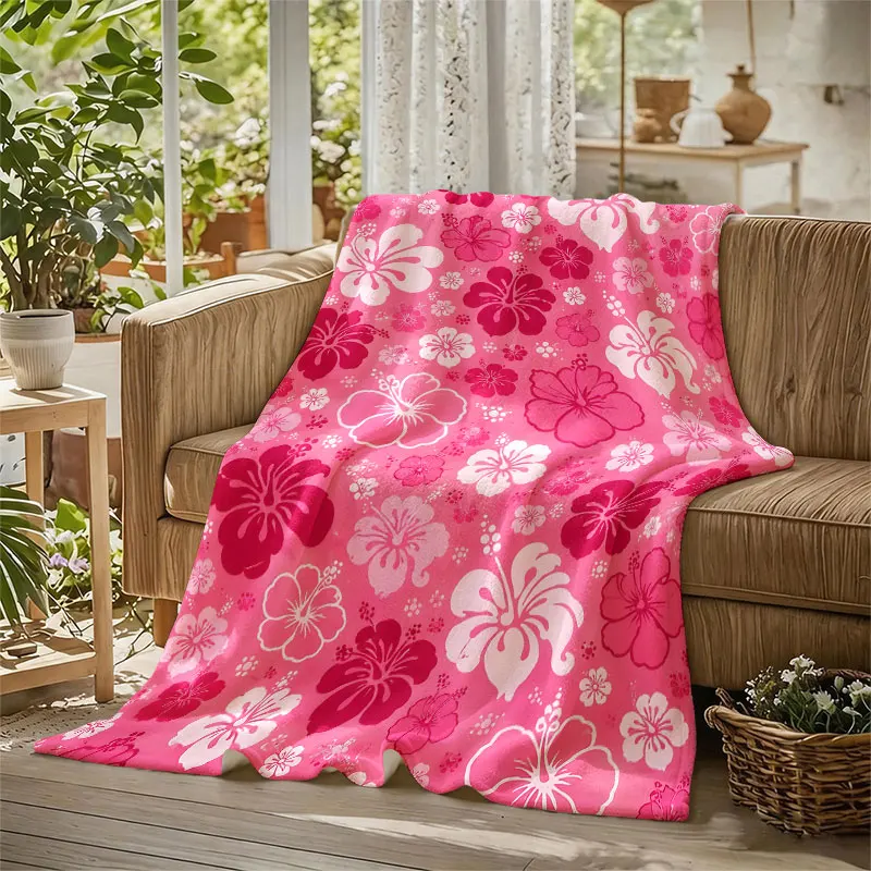Pink Hibiscus Flowers Flannel Blanket Perfect for Sofa Office Bed Travel Sleep Read Relax Camping Four Season Use