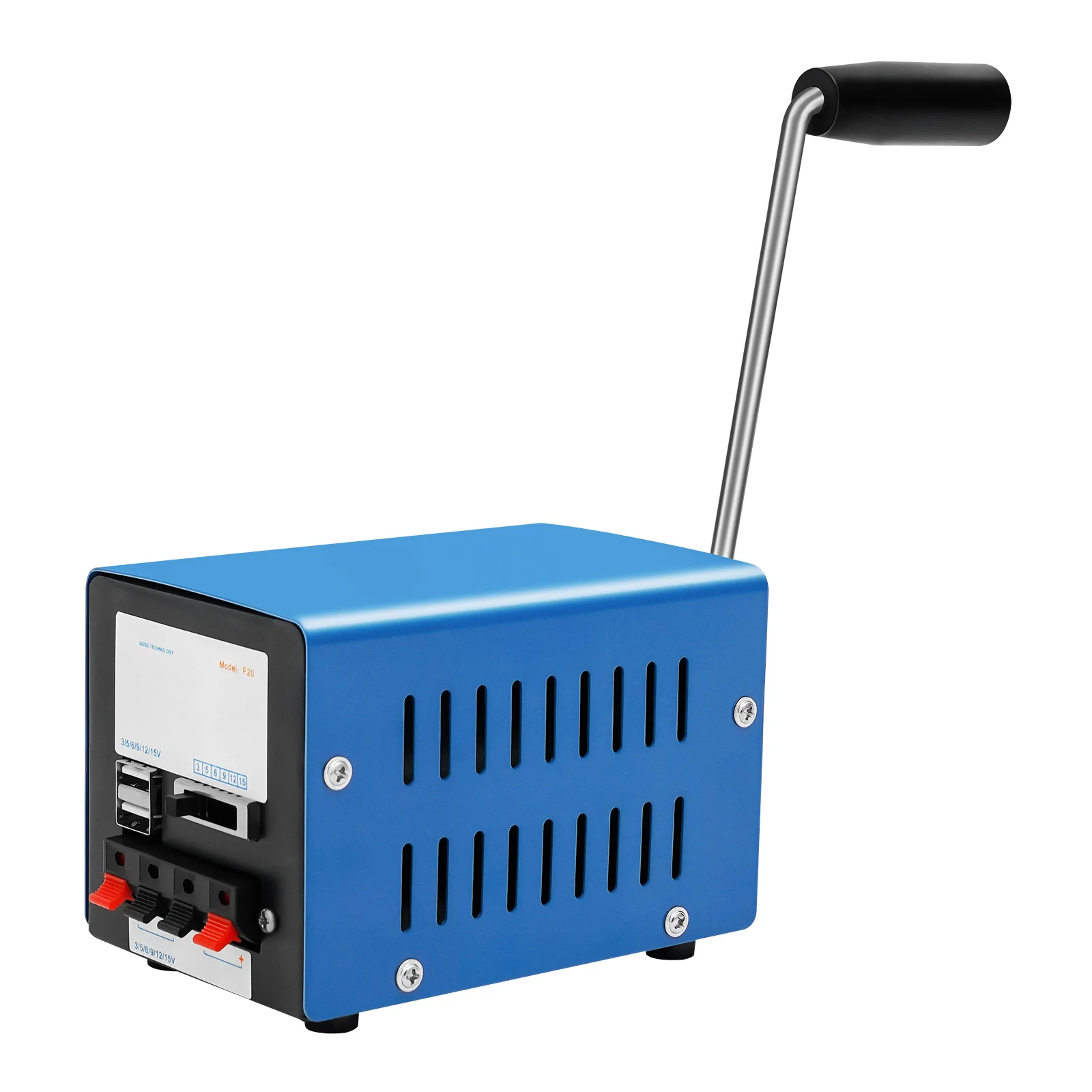 Portable Manual Hand Crank Permanent Magnet Generator, Blue Metal Shell 12.7*8.8cm Max 20W 28V Direct Output Multi Voltage Port Emergency Power Accessories, Shock Water Salt Fog Resistant Anti-slip Stand
