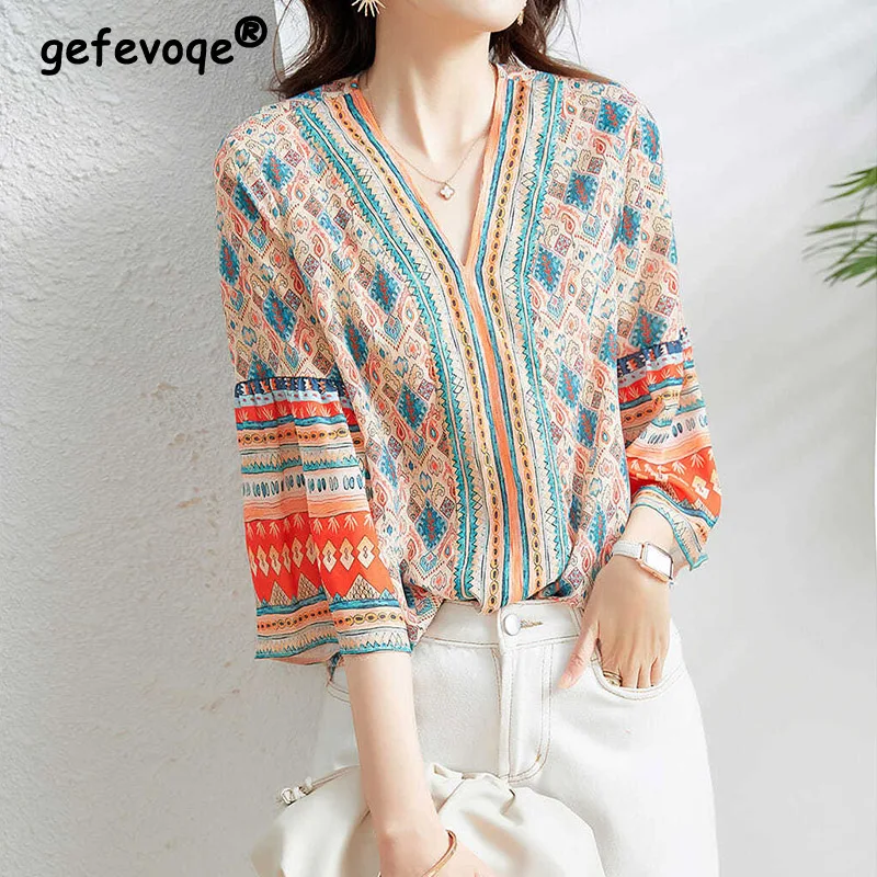 

Folk Elegant Printed Chiffon Shirt Spring Summer 2023 Streetwear V-Neck Flare Three Quarter Sleeve Loose Blouse Women's Clothing