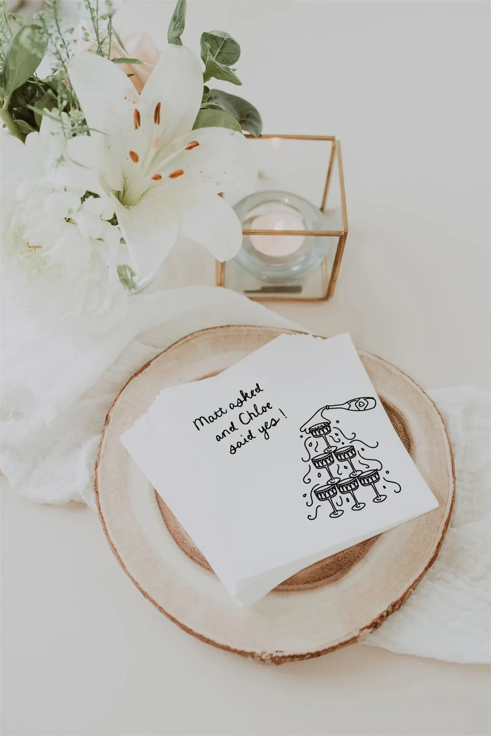 

50PCS Personalized Engagement Napkin Template | Illustrated Champagne Tower Napkin | Handdrawn Fun Doodle | Custom Wedding Propo