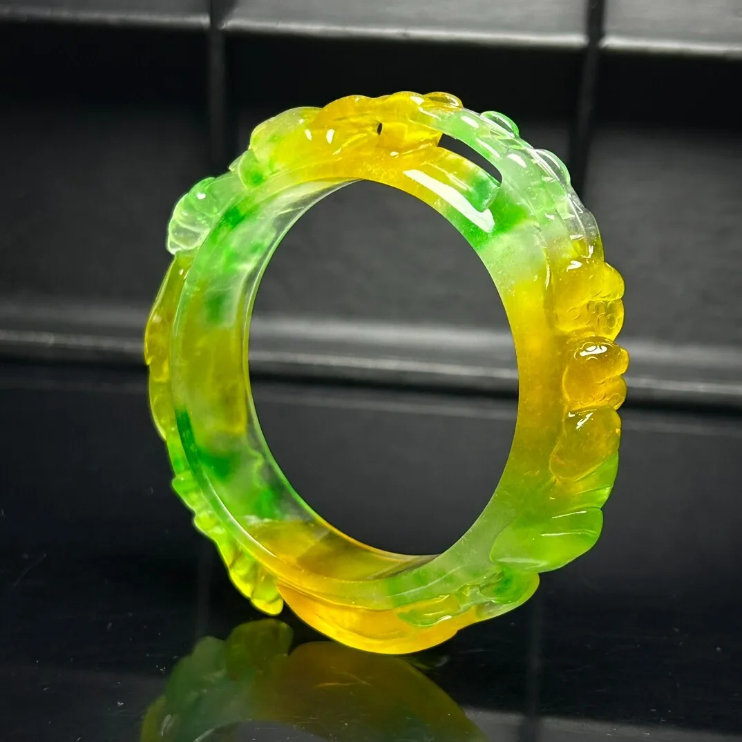 Natural ice Burmese Jade jadeite hand engraving bracelets Bangle 60mm