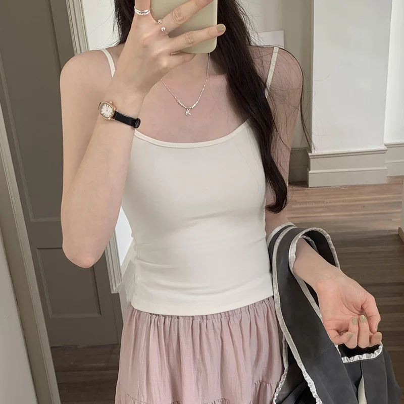 Women's Solid Color Straps Sleeveless Slim Camisole with Comfortable Chest Pad Daily Top Travel Inside Sport Cotton Vest