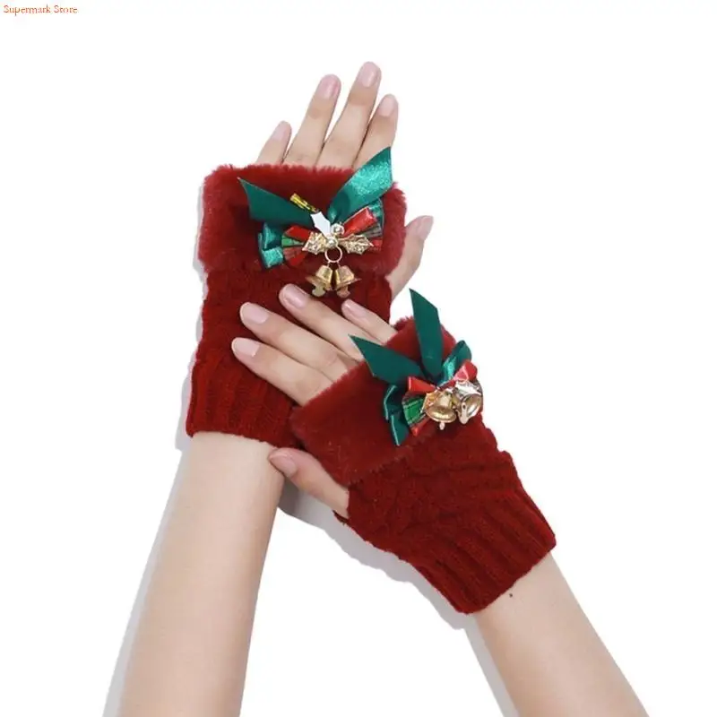 Q5WE Touchscreen Half-finger Gloves Women Knitted Mitten Windproof Cuffs Glove