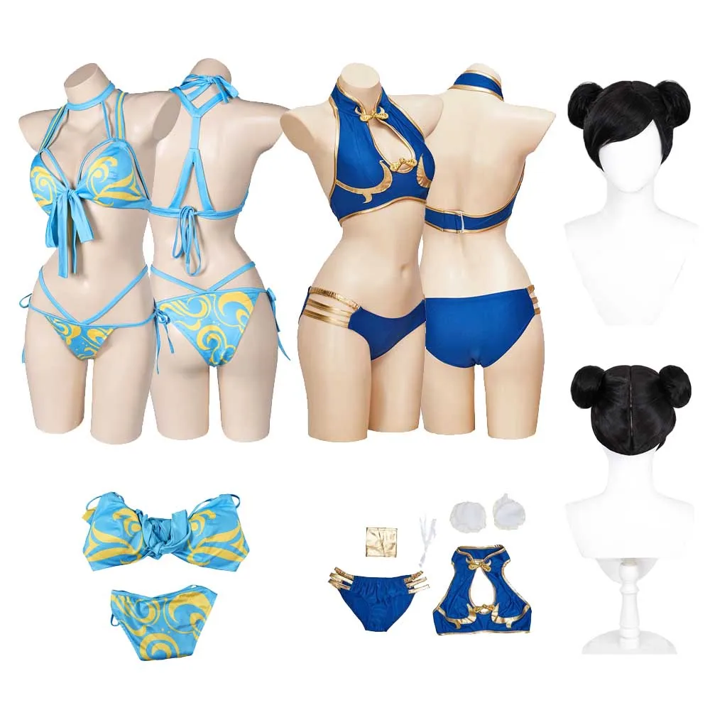 Chun Li-Bikini con estampado azul para mujer, traje de baño con peluca Sexy, disfraz de fantasía para adultos, traje de fiesta de Carnaval y Halloween