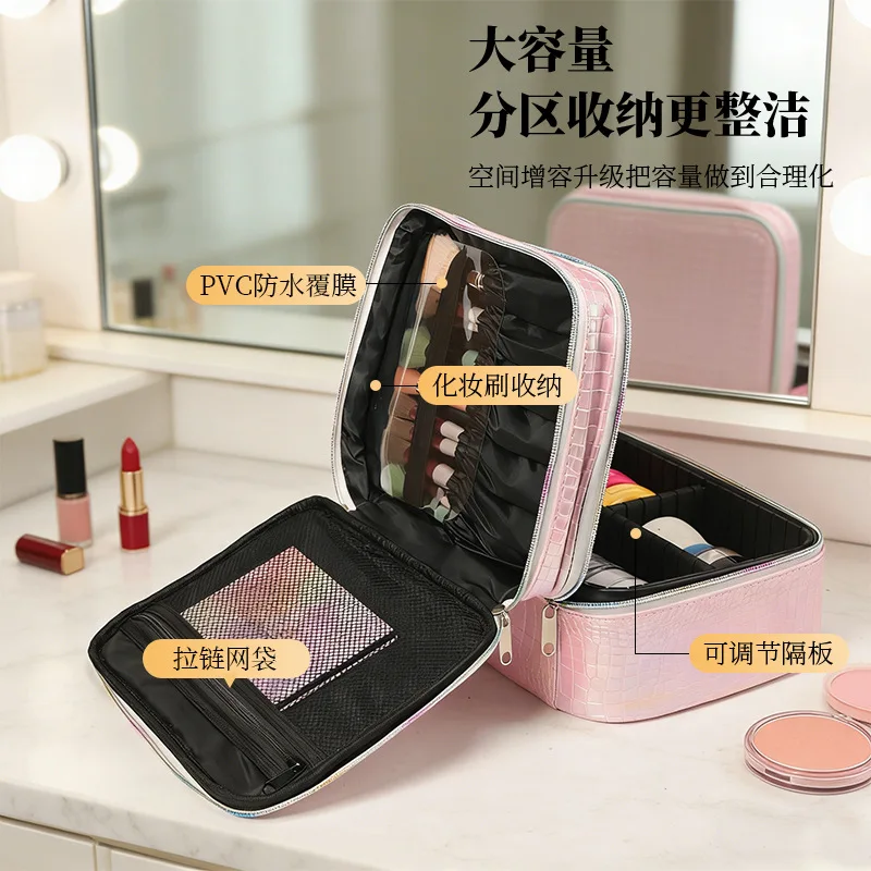 Tattoo-style, iridescent crocodile-patterned makeup bag, large capacity, portable, with handle,