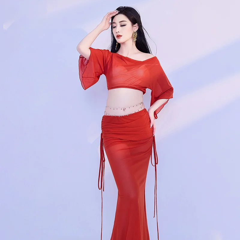 

New Belly Dancing Performance Set for Women's High End Temperament Mesh Set Adult female Oriental Dance Training Clothes