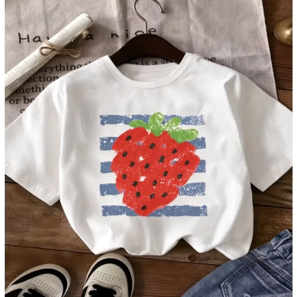 Crayon Drawing Strawberry Print Women Cotton T-Shirt Casual Crew Neck Short Sleeve Cute Fruit Tops