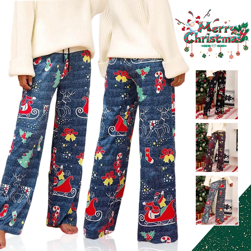 Pantalones con estampado navideño para mujer, pantalones de chándal informales a la moda para mujer, pantalones sueltos para mujer, pantalones de pierna recta de Papá Noel