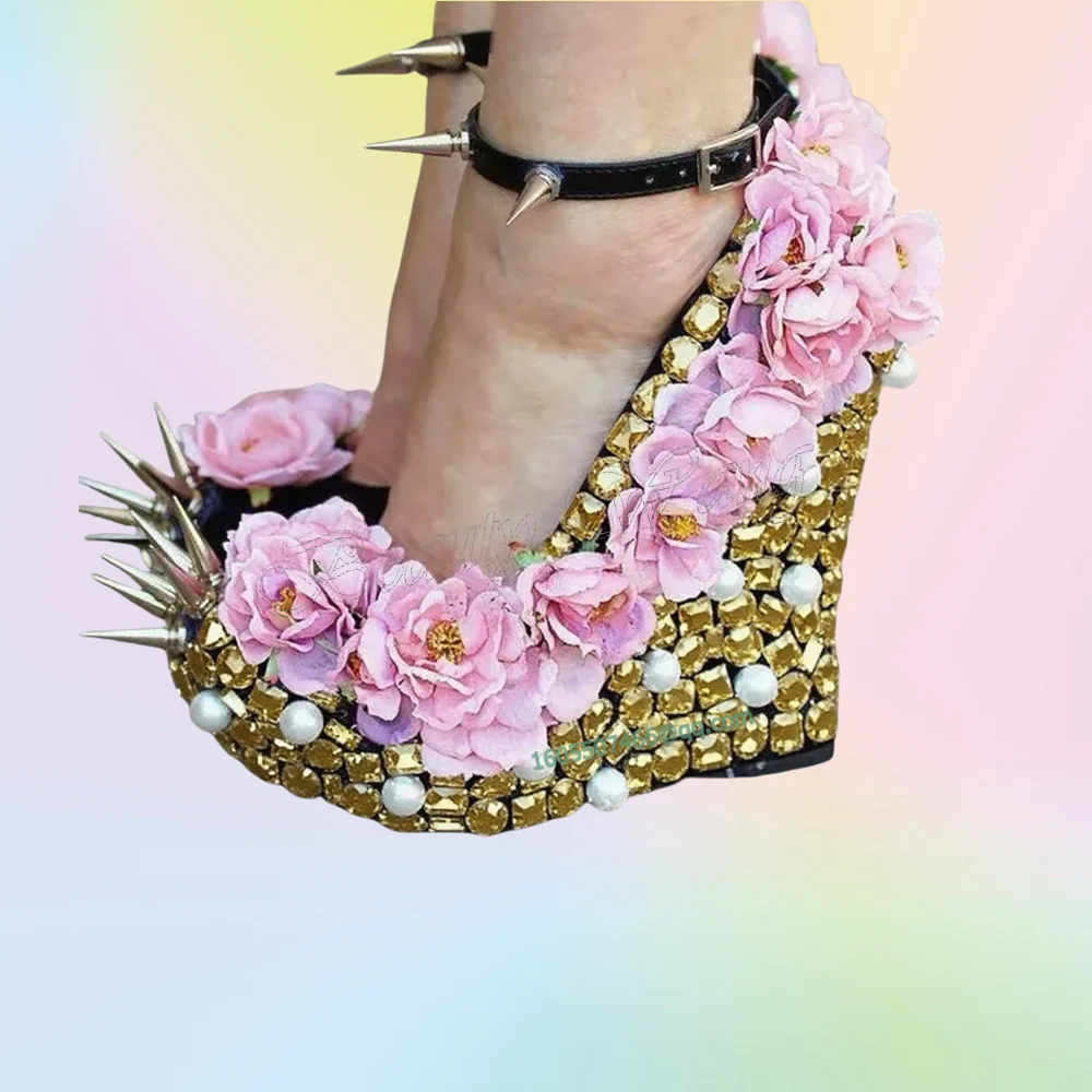 

Gold Crystal Rivet Decor Pumps Wedges Heel Platform Round Toe Shoes for Women High Heels Sexy Shoes 2023 Zapatos Para Mujere