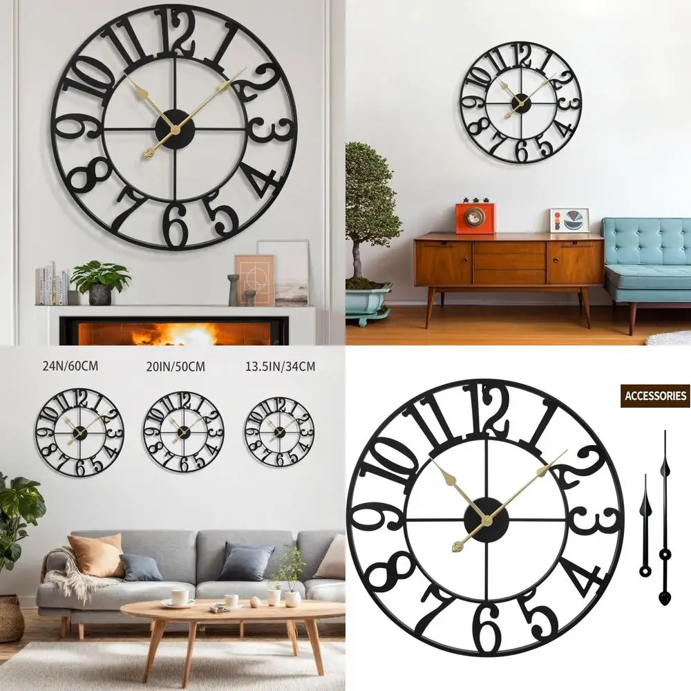 

Бесшумные 24-дюймовые большие винтажные круглые металлические настенные часы, на батарейках, с арабскими цифрами, для гостиной, спальни и офиса D