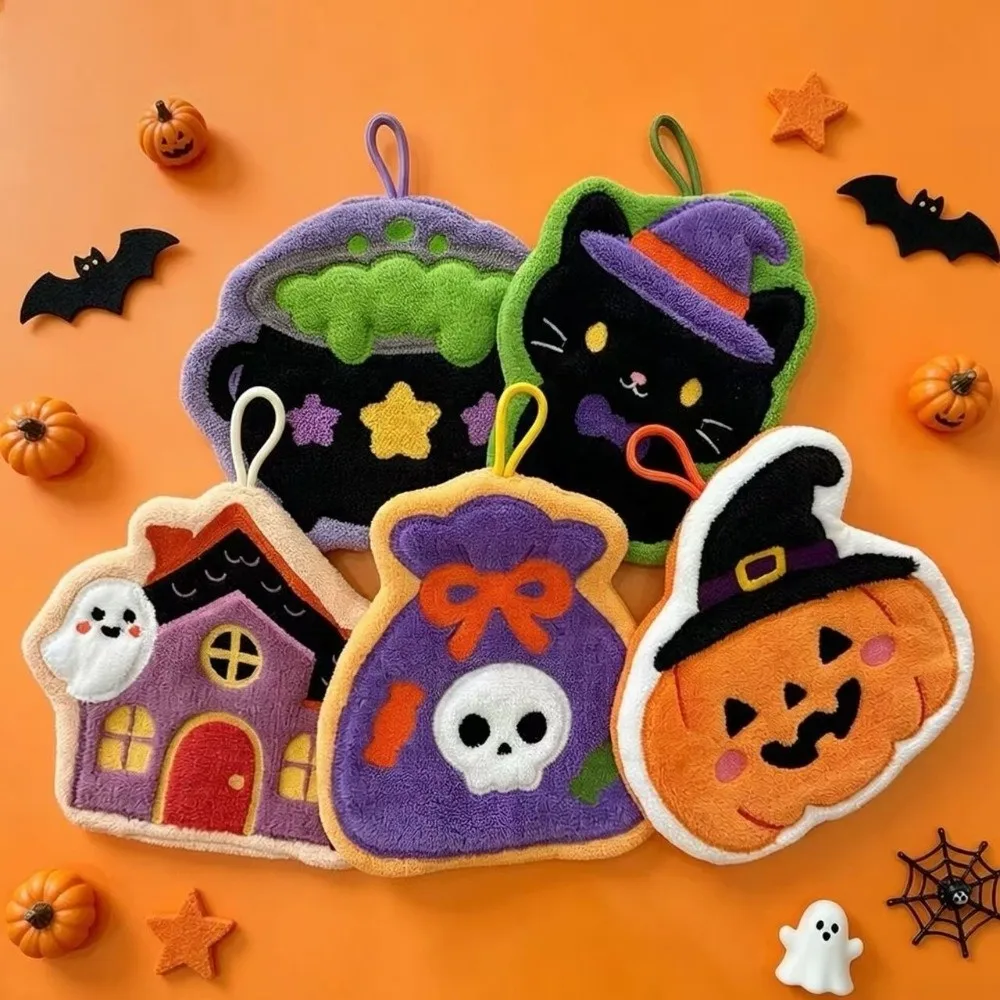 Embroidered Design Halloween Hand Towels Hanging Loop Funny Pattern Kitchen Hand Towels Washable Material Soft Fabric