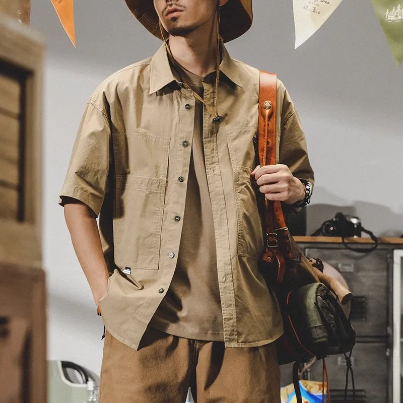 Vintage American tooling shirt men's short sleeves 2025 new summer loose top large size casual shirt jacket men