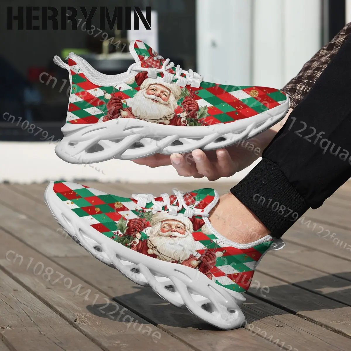 2026 Christmas Santa Claus Plaid Print Wave Sole Sneakers Men Women Unique Print Full Design Coverage Soft Sports Shoes