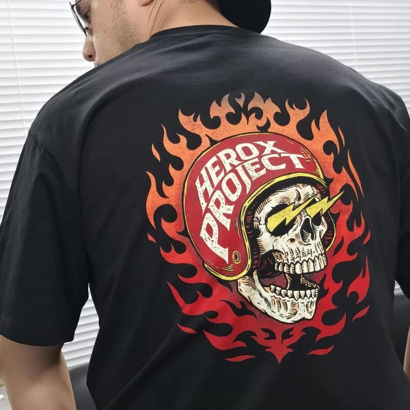 

2025 Summer New fashion motorcycle flame skull print T-shirt loose short-sleeved cotton streetwear for men and women