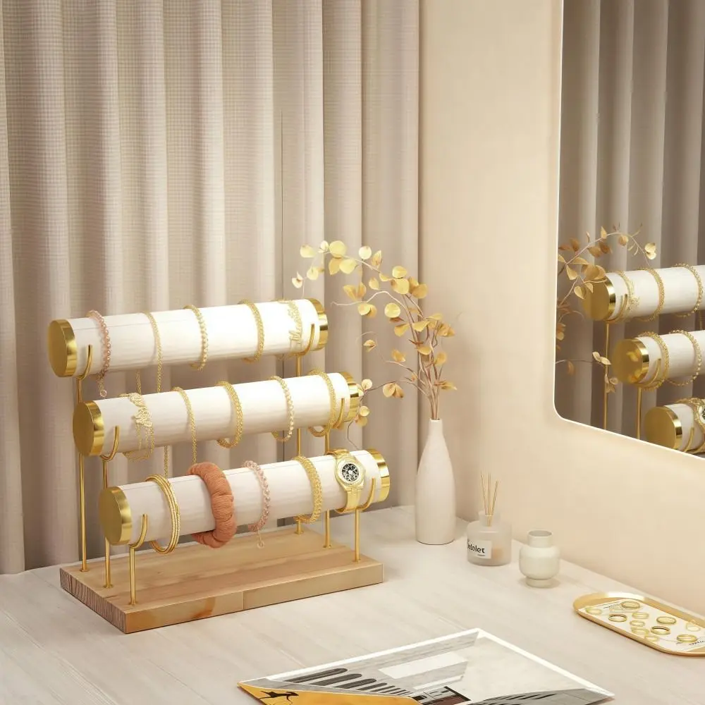 

Detachable Bracelet Display Holder Wooden Tray Flannel Wrap Bangle Storage Rack 3 Tier Multipurpose Jewelry Storage Stand
