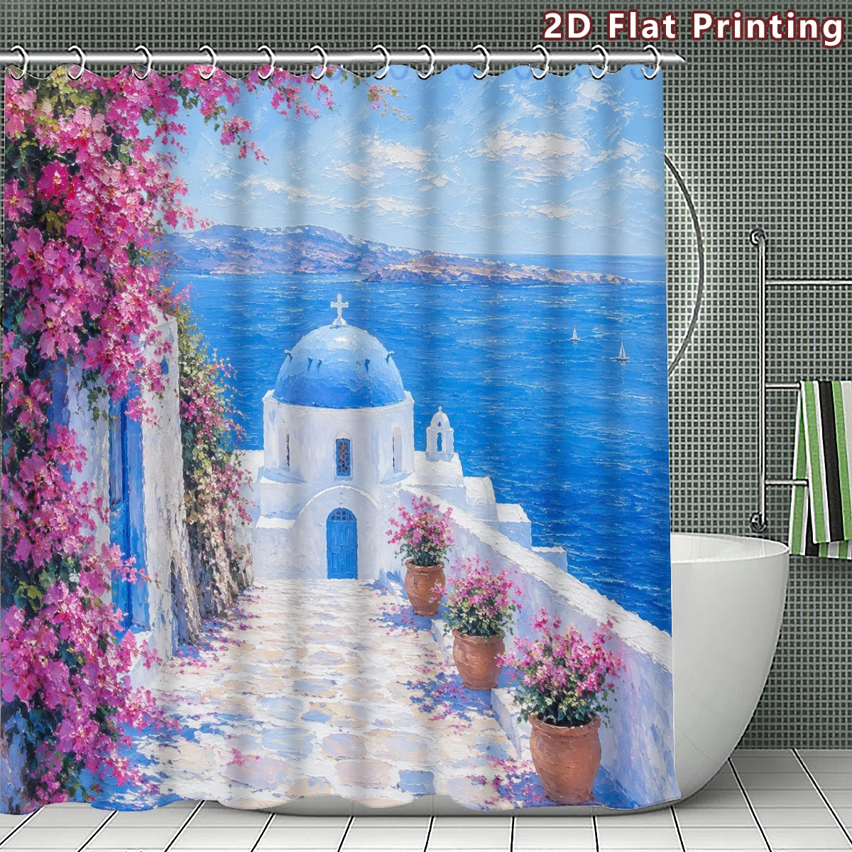 

Elegant Mediterranean Greece Shower Curtain Floral Print Coastal Blue Dome Bath Curtain Waterproof Home Decor Polyester Fabric