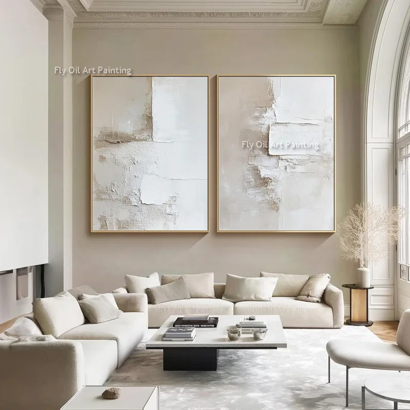 Handpainted Biege And White Abstract Thick Oil Painting On Canvas Simple Design Set Of Two Canvas Wall Art For Room Decor