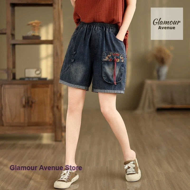 Nuovi pantaloncini tascabili in denim con ricamo letterario retrò cinese nuova estate nuovi pantaloni casual a quattro punti larghi e sottili in vita elastica