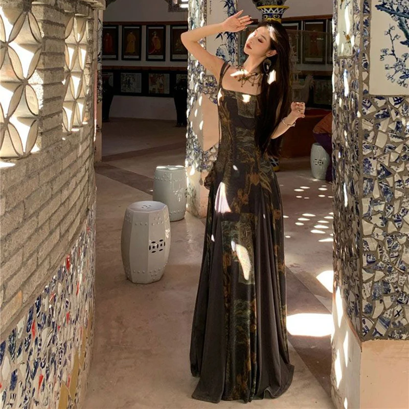 Abito Camis vintage americano da donna Abito estivo chic con stampa quadrata Abito estivo streetwear sottile con cinturino per spaghetti Vestidos De Mujer