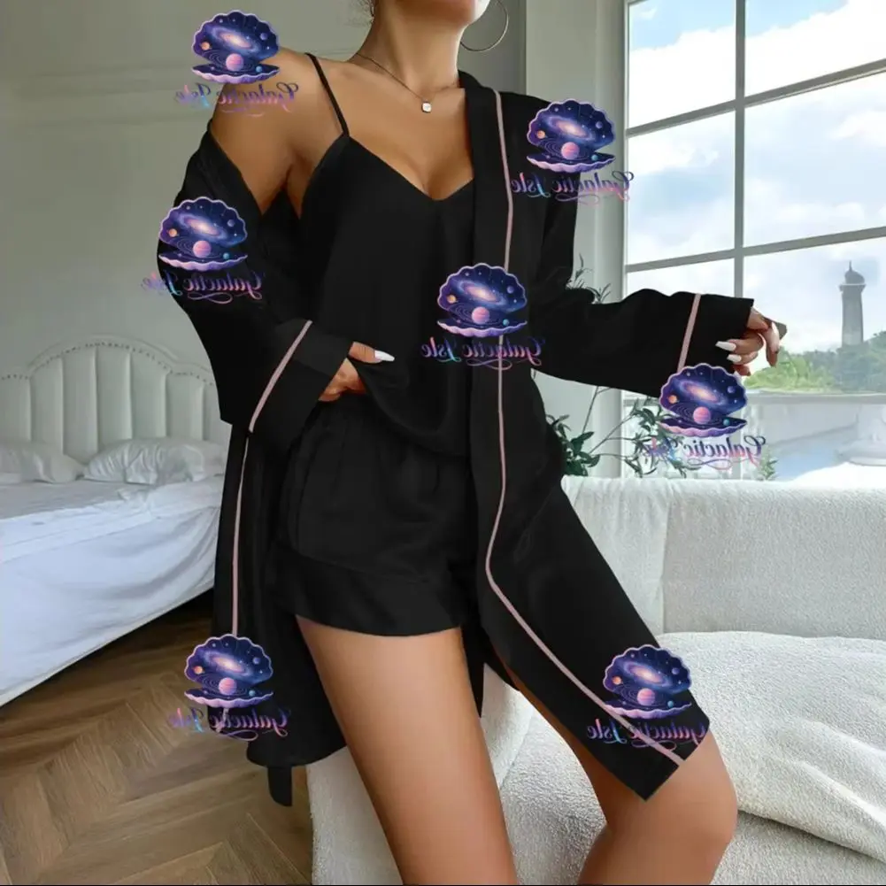 

Women Pajamas Set Delicate Touch Pajamas Women's 3 Piece Satin Pajama Set Sexy Cami Top Shorts Lightweight Robe Sleepwear Summer