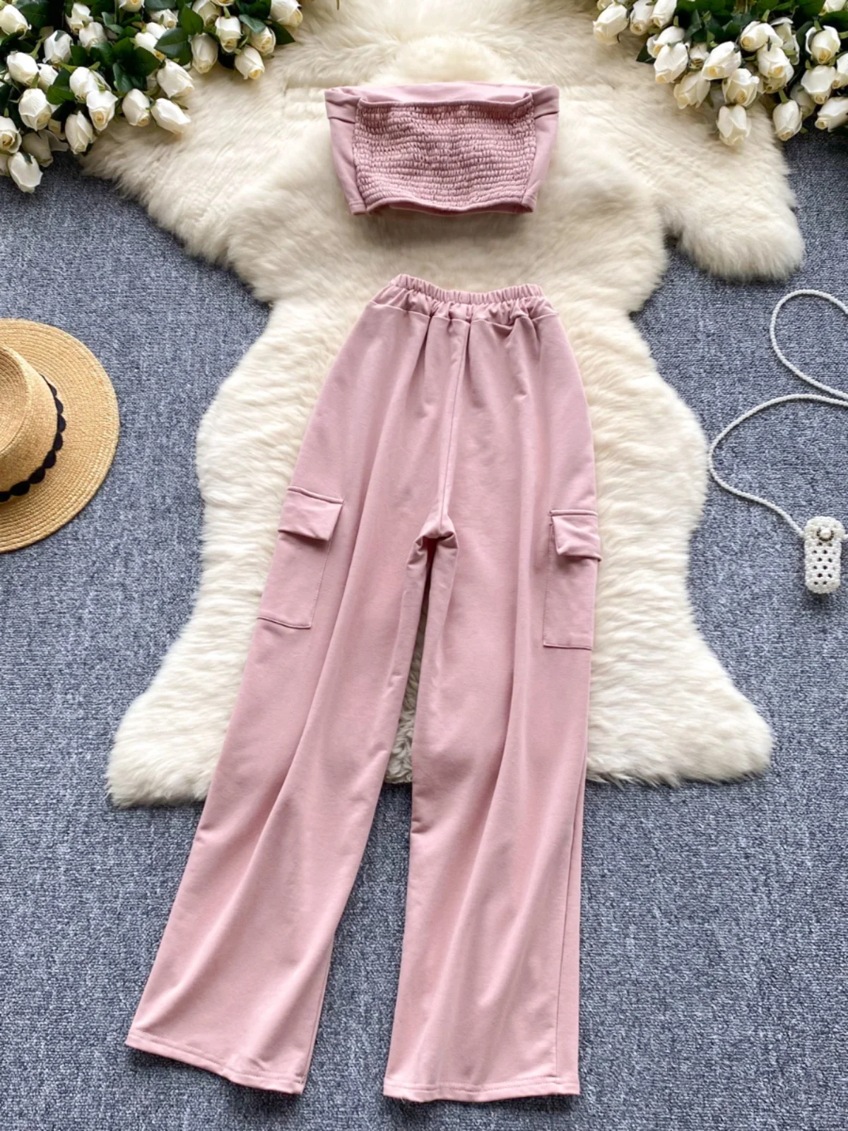 Women Sexy Pant 2 Pieces Sets Summer Spicy Girl Safari Style Strapless Vest Slim Camisole + Elastic High Waist Wide Leg Pants