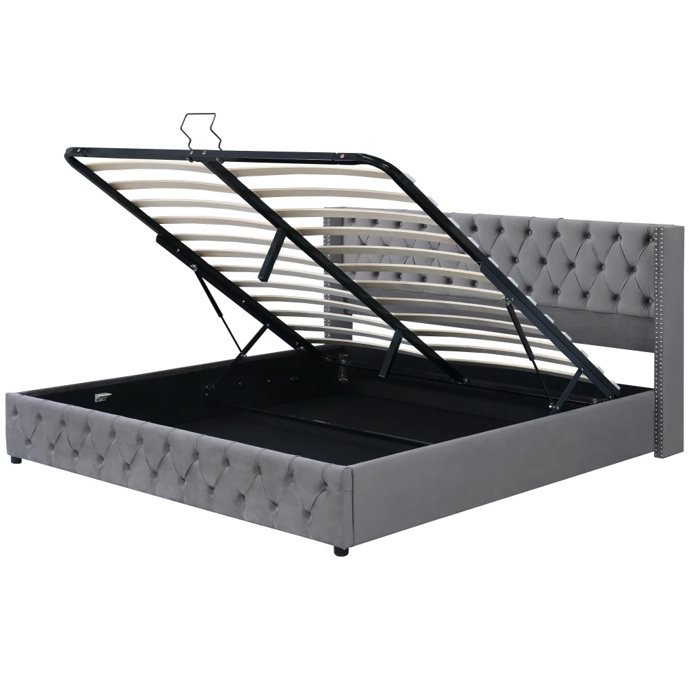 Gepolstertes Doppelbett aus schwarzem Samtflanell mit Nietenknopf und hydraulischem Stauraum (ohne Matratze), 160 x 200 cm oder 180 x 200 cm – Detail 12