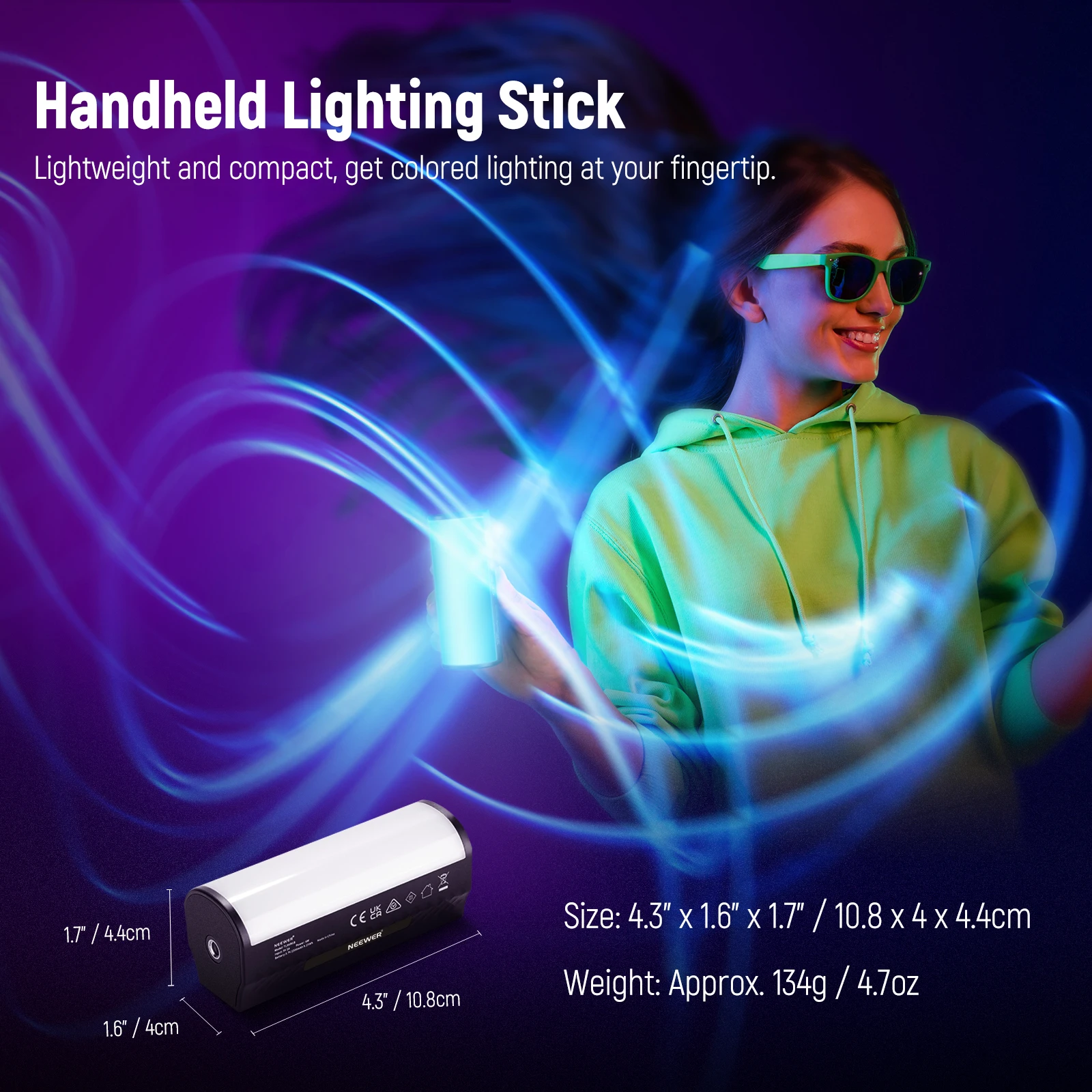 NEEWER Magnetischer Handlichtstab, 360° ° Full RGB Mini LED Video Light Stick mit 2500 mAh wiederaufladbarem Akku, 2500–8500 K – Detail 3