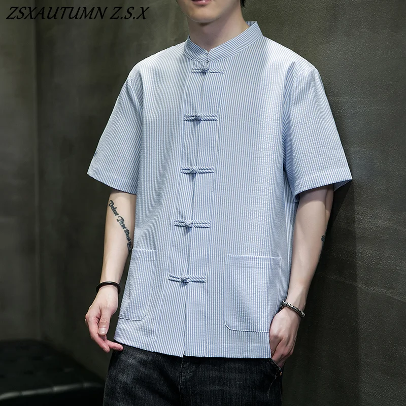 

2023 Chinese Style Large Yards Short-sleeved Shirt Men's Casual Clothing Summer Men's New Cotton and Linen Striped Shirt Vintage