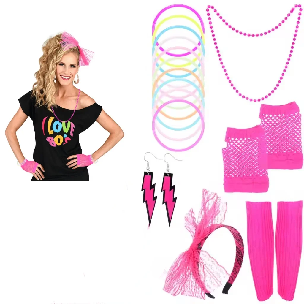 

Sexy 80s Accessories Women Lace Headband Earrings Fishnet Gloves Necklace Bracelet for 80s Retro Party Halloween Sexy Girl