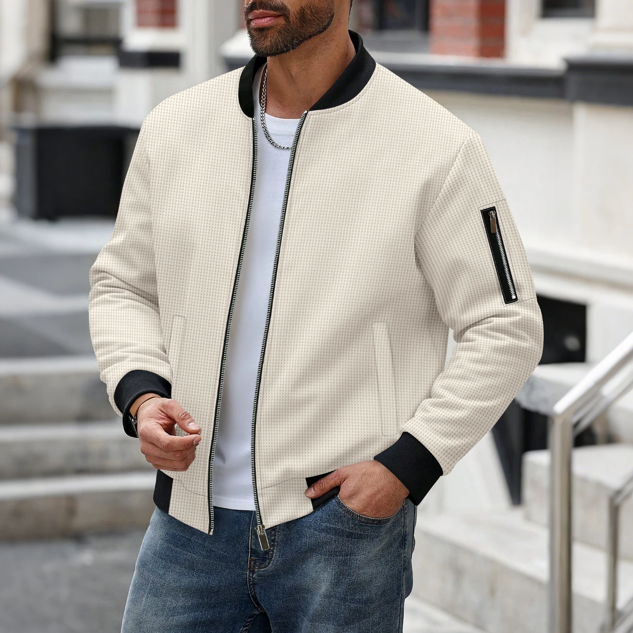 Herren Atmungsaktive Waffelstrick-Bomberjacke 2026 Neuerscheinung Kontrastbesatz Reißverschluss Stehkragen Streetwear-Mantel