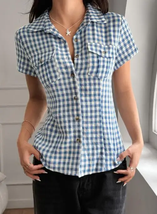 Women's Y2K Plaid Short Sleeve Button down Shirt Spicy Girl Style Autumn Winter Retro Fashion Clothing