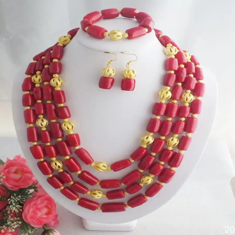 Women Wedding Necklace African Red Coral Beads Jewelry Set  20-25