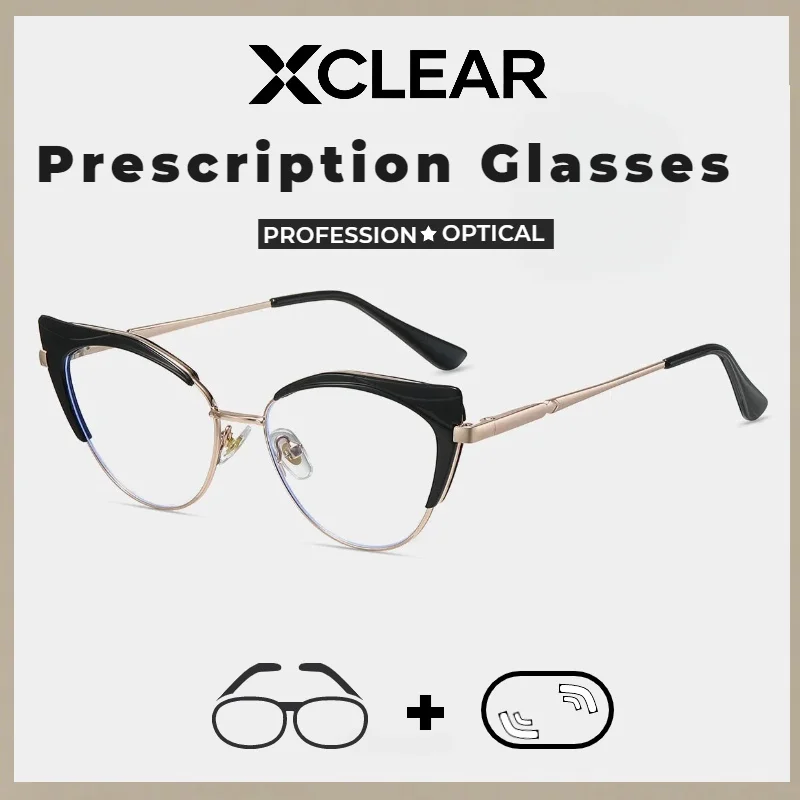 

Xclear Cat Eye Currents Myopia Prescription GlassesTrendy Classic Fashion High Quality Anti Blue Ray Progressive Optical Eyeware