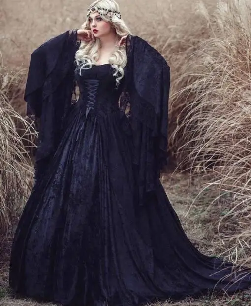 Vestidos De Casamento Gothic A-Line, Scoop Sweep Train Lace, Vestido De Noiva Vintage, Preto