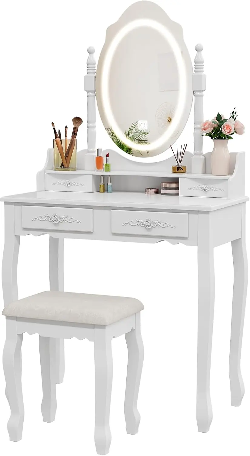 Vanity Desk with Mirror and Lights, Modern Vanity Makeup Table and Cushioned Stool Set with 4 Drawers, 3 Color Lighting Modes