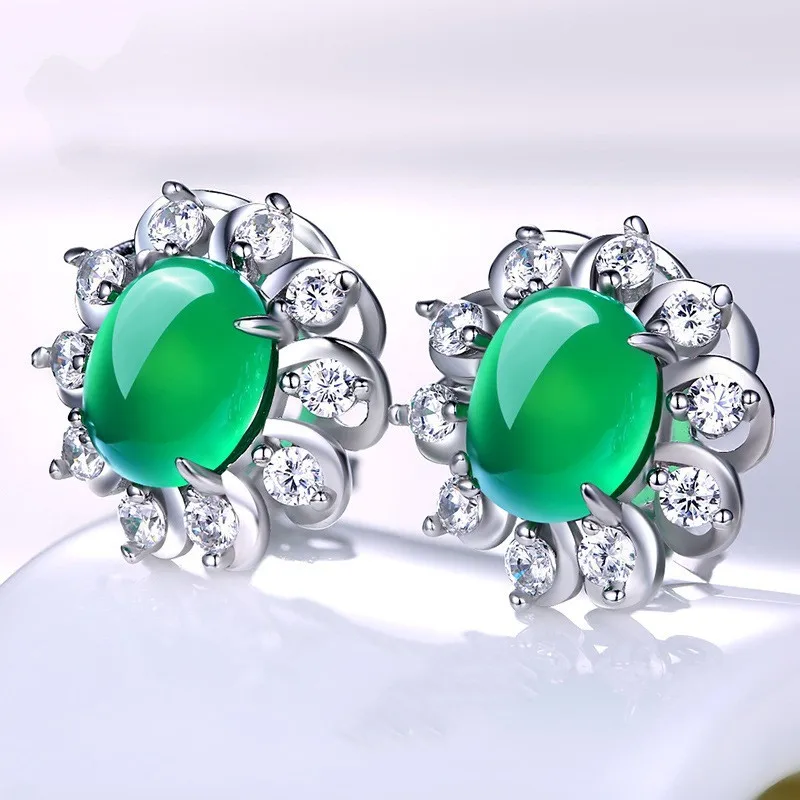 

Natural Green Chalcedony Hand Carved Earrings Fashion Jewelry 925 Silver Inlaid Agate Women's Earrings Gift Accessories