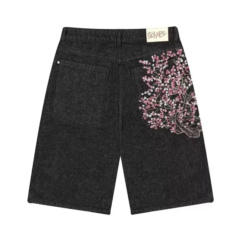 

Retro American Derschutze Plum Blossom Sakura Embroidered Loose Straight Leg Jeans orts for Men And Women Casual Comfortable