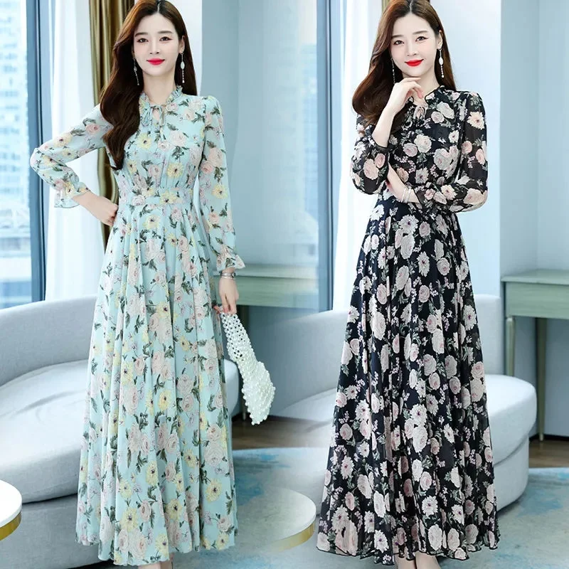 

2024 Spring Summer Women Maxi Dresses Casual Full Sleeve Floral Printed Woman Bohe Beach Party Long Dress Mujer Vestidos