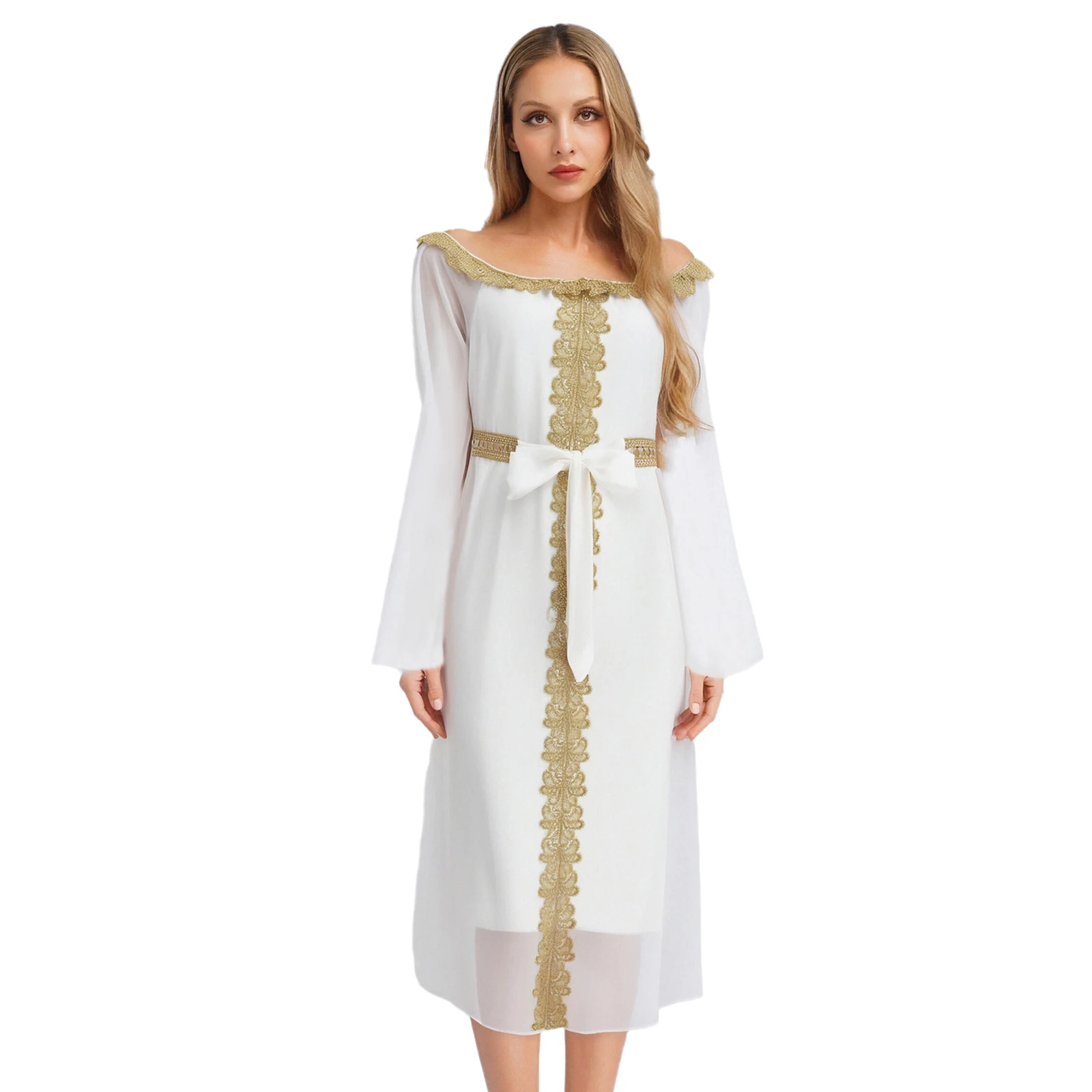 

Women Dress for Muslim Islamic Dubai Moroccan Kaftan Fancy Eid Party Long Sleeve High Waist Embroidery Chiffon Dress Halloween