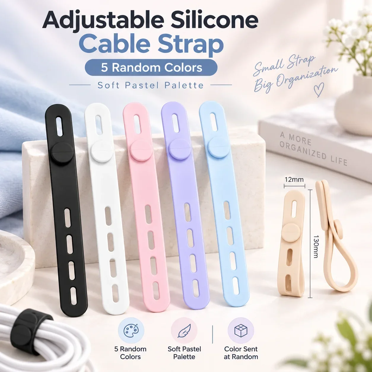 Silicone Adjustable Cable Ties, Reusable Wire Management Organizer, Earphone Cord Holder and Winder