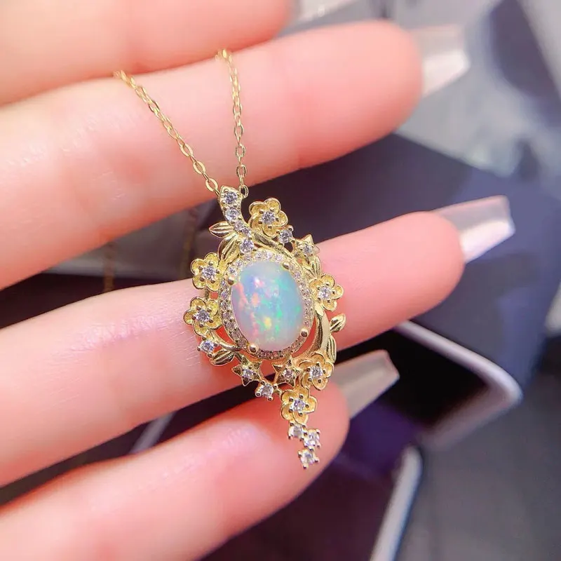 Luxury 18k Gold Plated Silver Pendant for Party 8*10mm Natural Opal Pendant with Gold Plated 925 Silver Australian Opal Jewelry