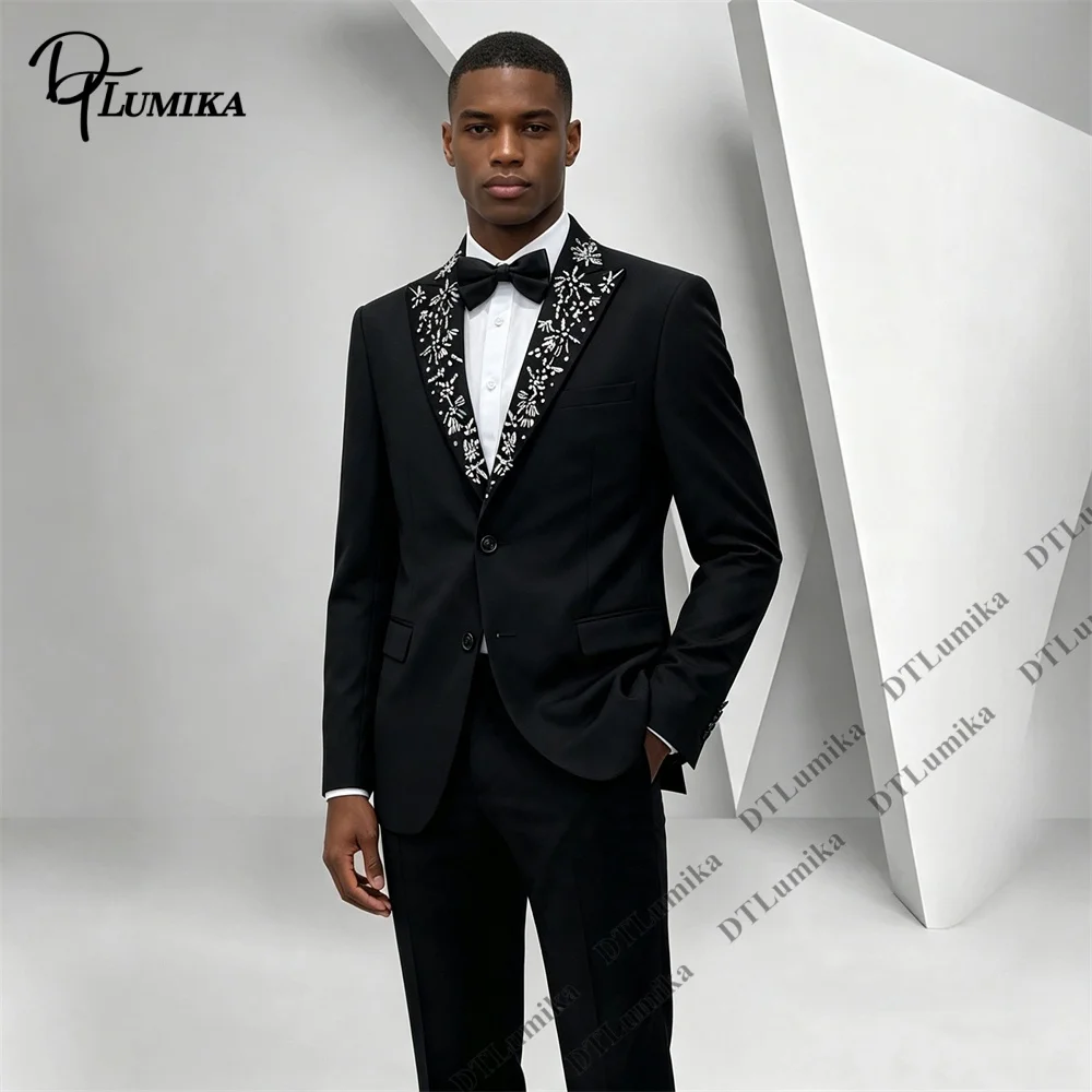 Classic Rhinestone Shawl Lapel Tuxedo Two Piece Formal Suit Set Wedding Groom Suits Custom Fitting Party Prom Banquet Suits