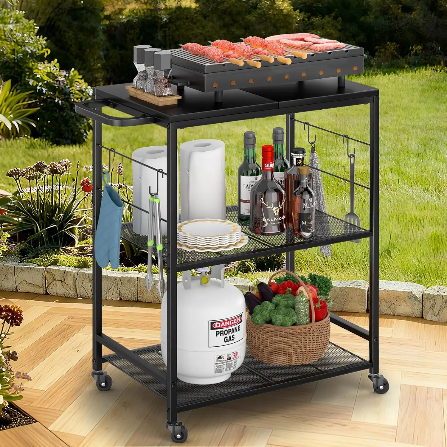 

3-Tier Outdoor BBQ Prep Cart with Stainless Steel Tabletop, Ideal for Pizza Oven and Patio Kitchen Tools