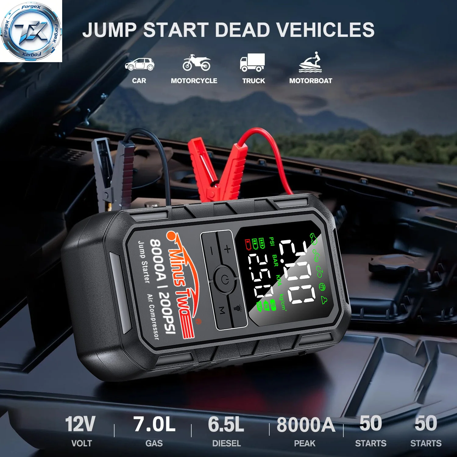 

【Multi-functional】4-IN-1 Car Jump Starter with Air Compressor Peak 5000A Auto Battery Booster 150PSI Air Pump Portable Power Ban
