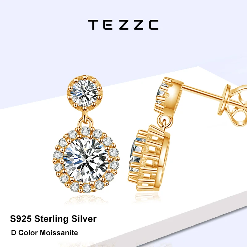 

Tezzc 1ct Moissanite Earrings for Women S925 Sterling Sliver with Yellow Gold Color Diamond Drop Earring Bride Jewelry Gifts
