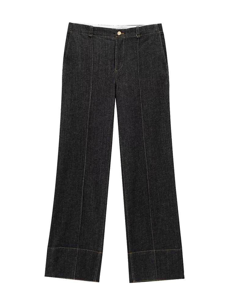 

Willshela Women Fashion Denim Black Front Zipper Flare Pants Vintage Mid Waist Full Length Female Chic Lady Trousers