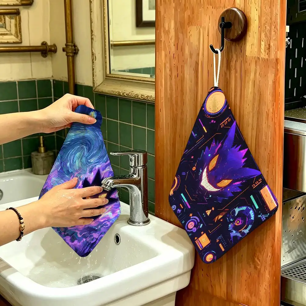 Cartoon G-GengarS Hanging Kitchen Towel, Polyester Cotton Fabric, Absorbent Hand Wiping Towel for Home Dormitory