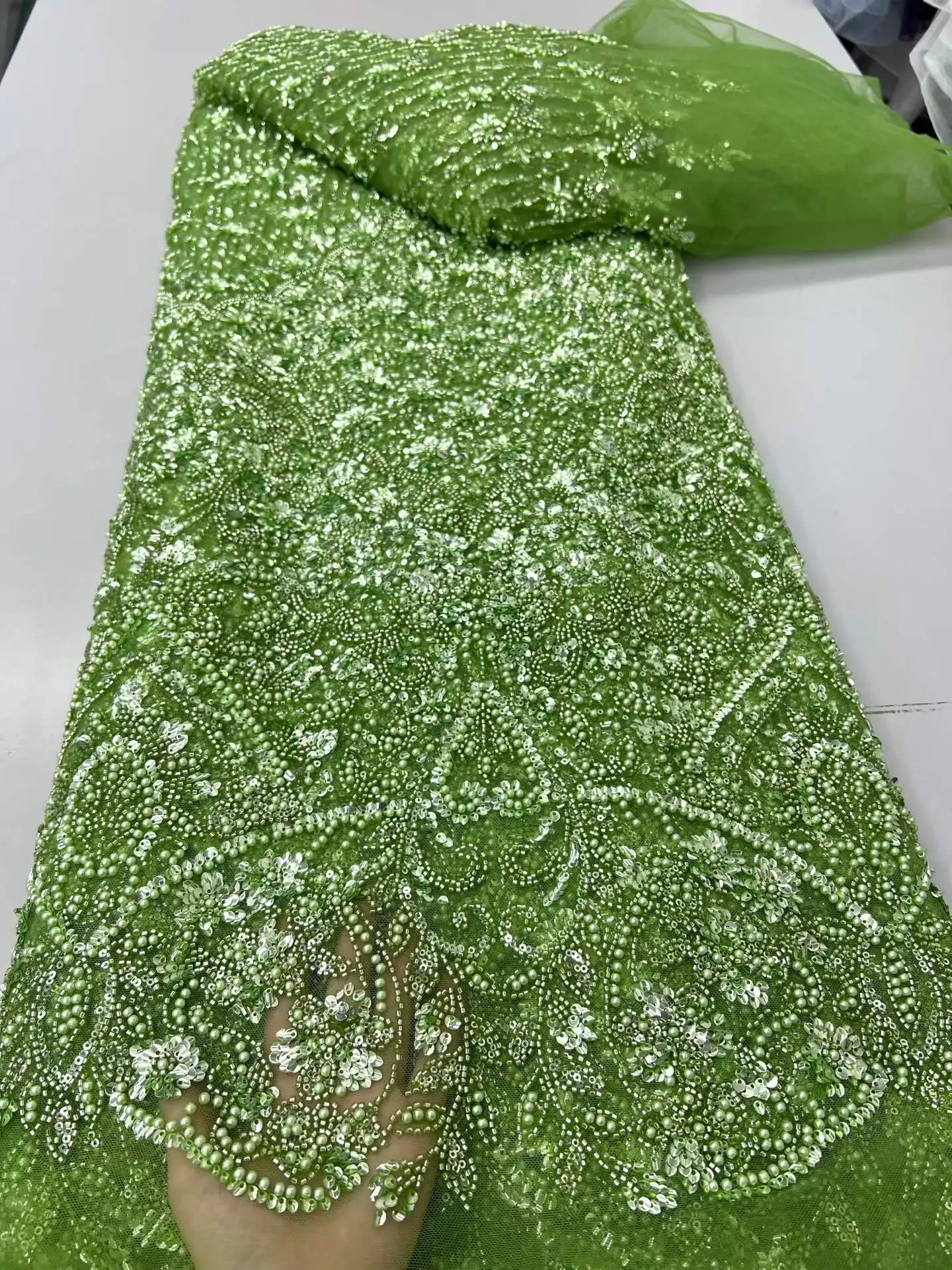 2026 Nigerian Embroidery Tulle Lace Fabric 5 Yards African Sequins Beaded Lace Fabric For Luxury Wedding Evening Dress Sewing