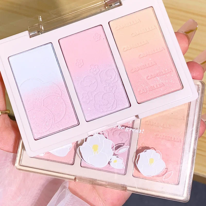 Xixi chá flor nai placa de pó de três cores, flash fino iluminando blush alto brilho placa integrada de aliciamento