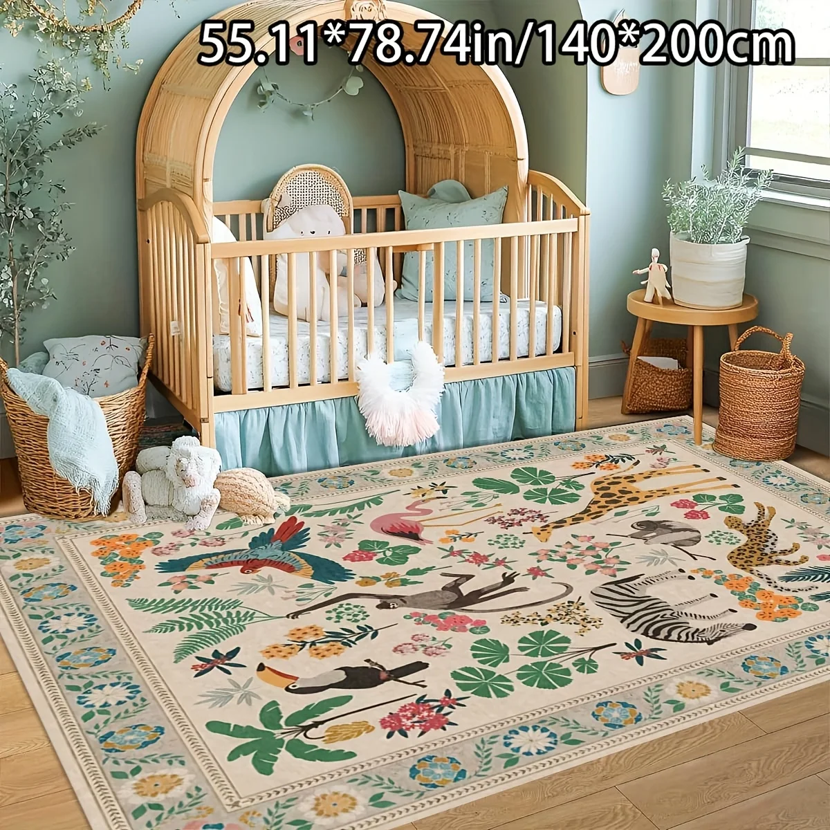 VIKAMA Kids Room Home Rug Cartoon Jungle Wildlife Giraffe Zebra Parrot Floral Leaf Pattern Anti‑Slip Washable Indoor Floor Mat